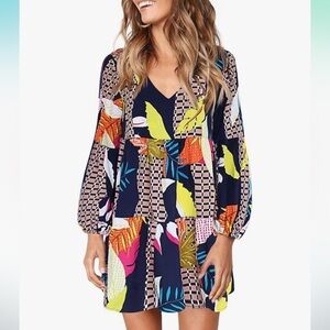 Amoretu Women Summer Tunic Dress V Neck Casual Loose Flowy Swing Shift Dresses